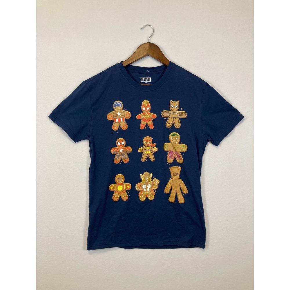 Marvel Avengers Gingerbread Cookie‎ T-Shirt Mens Medium Navy Blue NEW